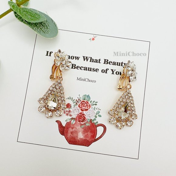 CLIP ON Flower Point Rhinestone Chandelier Bridal Earrings - Picture 8 of 9